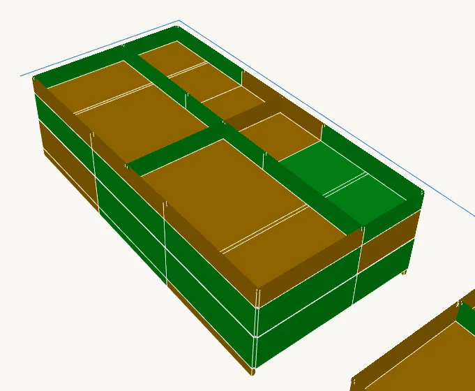 La obra gruesa en el modelo 3D de una obra de ejemplo en Ruben: cada elemento coloreado por el estado de sus filas de fierro.